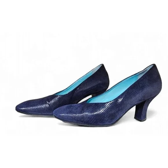 thierry rabotin navy blue ribbed leather pump 3" heel wide EU37 1/2 US7 - Picture 12 of 12